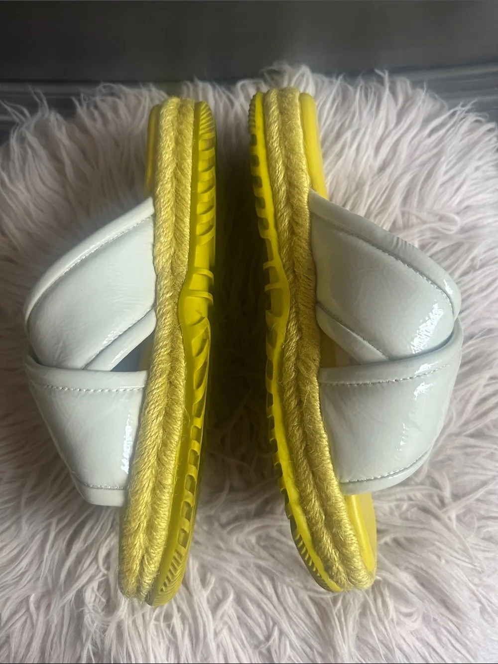Tory Burch White Patent Crisscross Slide Sandals with Yellow Footbed